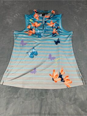 jamie sadock aqua striped tank with coral floral & blue butterfly print